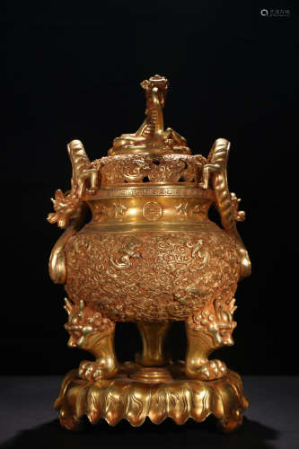 A QIANLONG MARK DOUBLE EAR BRONZE CENSER GILDED WITH GOLD