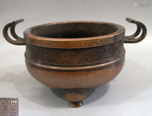 A BRONZE WITH THREE LEGS & TWO EARS TRIPOD CENSER