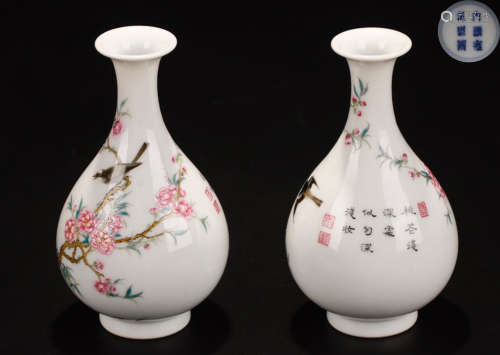 A PAIR OF PORCELAIN LACQUERED BIRD STORY PATTERN VASES