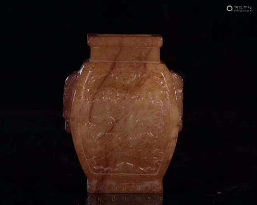 A HETIAN JADE BEAST CARVED SUQARE VASE