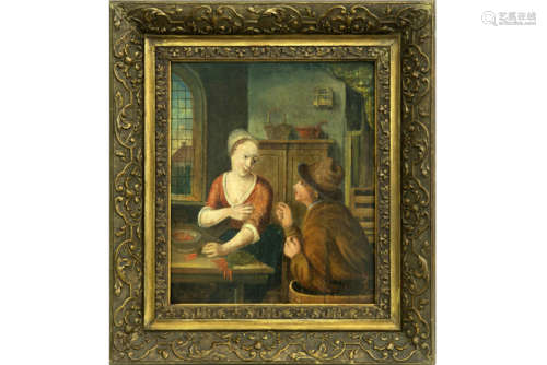 Antiek olieverfschilderij op paneel met een genrethema met twee personages in een [...]