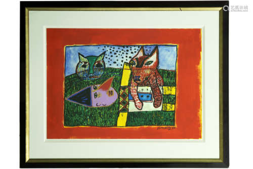 CORNEILLE (1922 - 2010) gouache met een kleurrijke compositie getiteld 