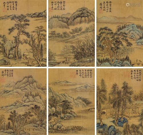 罗聘（1733～1799）（款）  山水 册页 （十二开选六开） 设色绢本