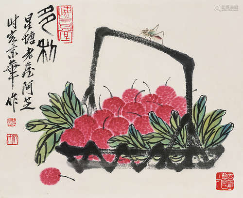 齐白石（1864～1957）（款）  茘枝蚱蜢 立轴 设色纸本