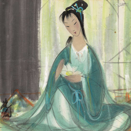 林风眠（1900～1991）  拈花仕女 镜框 设色纸本