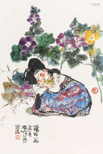 程十发（1921～2007）  少女与花 立轴 设色纸本