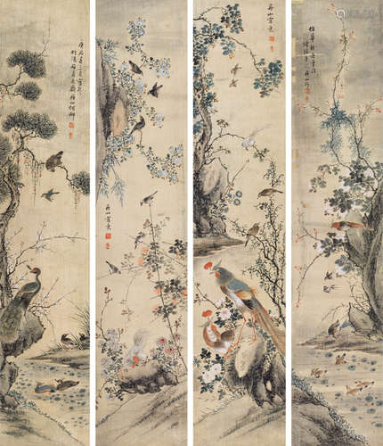 何丹山（1807～1875）  花鸟 四屏立轴 设色绢本