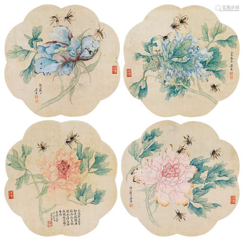 居廉（1828～1904）  花卉蜜蜂 册页 （四开） 设色绢本