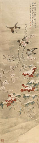 马元驭（1669～1722）  花卉小鸟 立轴 设色洒金笺