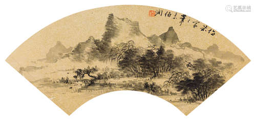 杨伯润（1837～1911）  山水 扇面 水墨洒金笺