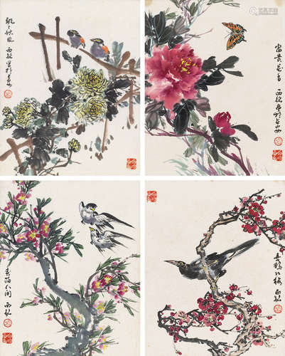 胡西铭（b.1939）  花鸟 （四幅） 镜框 设色纸本