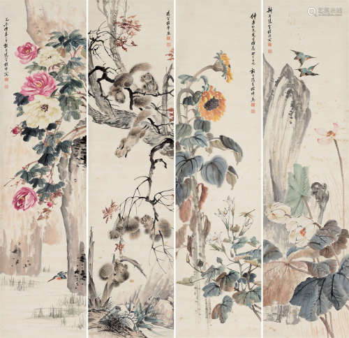 程璋 1869－1938 花鸟四屏 纸本立轴