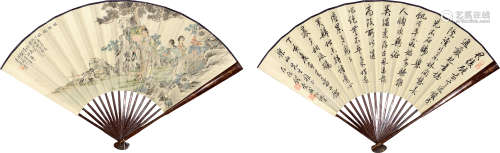 钱慧安、钱崇威 1833—1911 人物、书法 纸本成扇