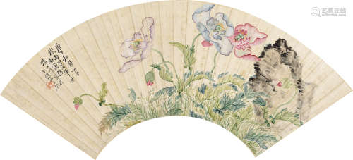 汤世澍 1831—1903 《花卉》 纸本扇面