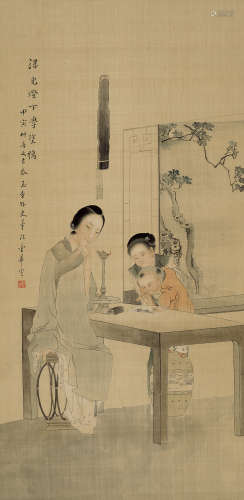 曹华 1847—1913 教子图 绢本立轴