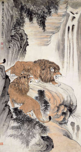 张善子 1882-1940 双狮图 纸本立轴