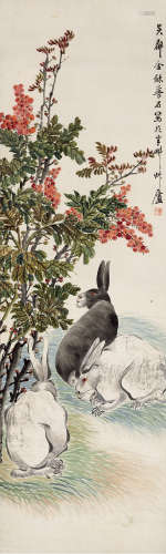 金梦石 1869—1952 天竺玉兔 纸本立轴