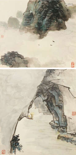 谭建丞（1898～1995） 山水 （两帧） 镜片 纸本