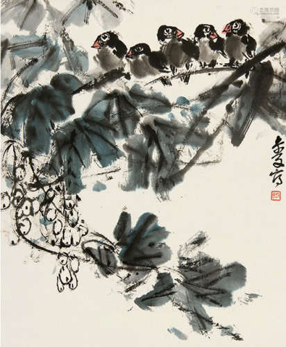 罗叔子（1913～1968） 紫藤小鸟 立轴 纸本