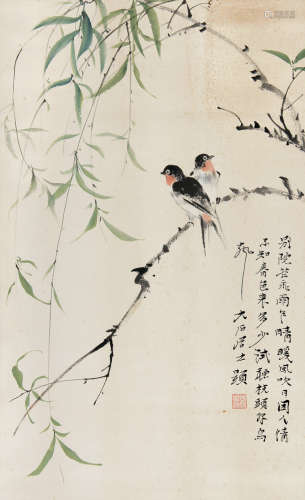 唐云（1910～1993） 柳栖双禽 立轴 纸本