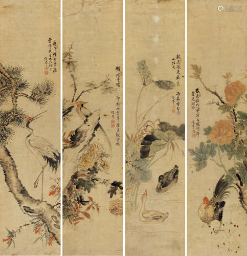 唐绶亭（1883～1947） 花鸟 四屏 立轴 纸本