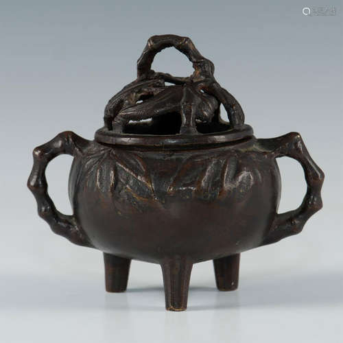 19TH C. MOLDED BRONZE INCENSE CAULDRON WITH TOP