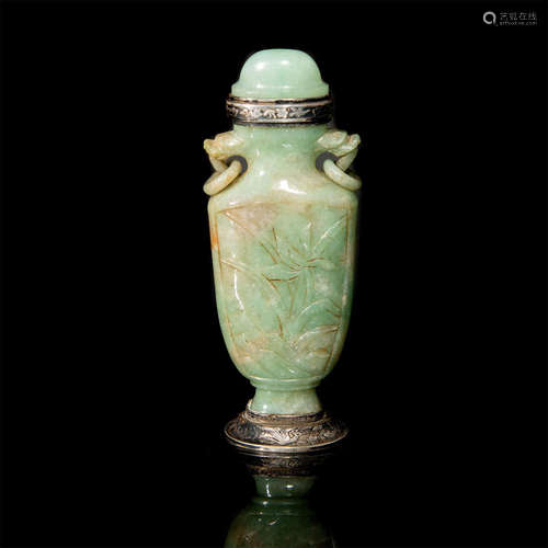 CARVED JADE CHINESE VASE, MARKED FRENCH SILVER MOUNTING