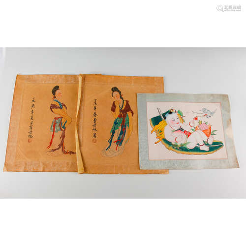 GROUP OF THREE CHINESE COLOR PRINTS, GUANYIN, CRANE, BAT