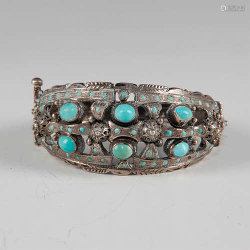 ANTIQUE SOLID EXPORT SILVER CHINESE TURQUOISE HINGED BRACELET