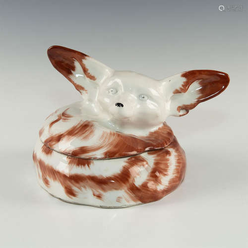 THEODORE HAVILAND LIMOGES FENNEC FOX LIDDED BOMBONNIERE CANDY DISH, SIGNED BY EDOUARD MARCEL SANDOZ