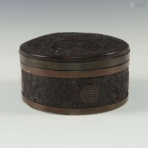 CARVED COCONUT-PANELED PEWTER COVERED BOX