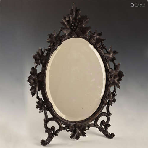 RARE ANTIQUE CARVED WOOD BLACK FOREST OVAL MIRROR