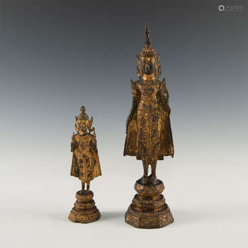 GROUP OF 2 GILT BRONZE THAI STANDING BUDDHAS