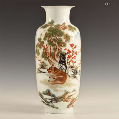 CHINESE REVOLUTION MAO PERIOD PORCELAIN SCENIC VASE, TWO WOLVES