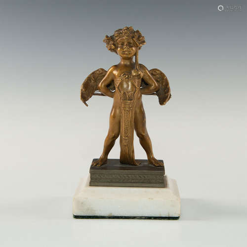 BRONZE CUPID ON MARBLE BASE SINGED C. KAUBA