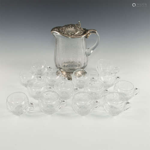 GERMAN CRYSTAL WATER DECANTER W/800 SILVER LID & BASE, 14 CUPS.