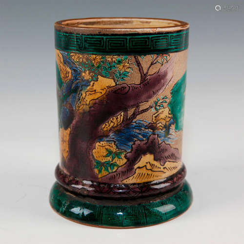 19TH C. JAPANESE KUTANI MARKED BRUSH POT