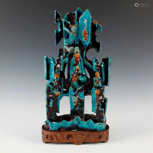 LARGE CHINESE MING FAHUA GLAZED GUANYIN GROUP