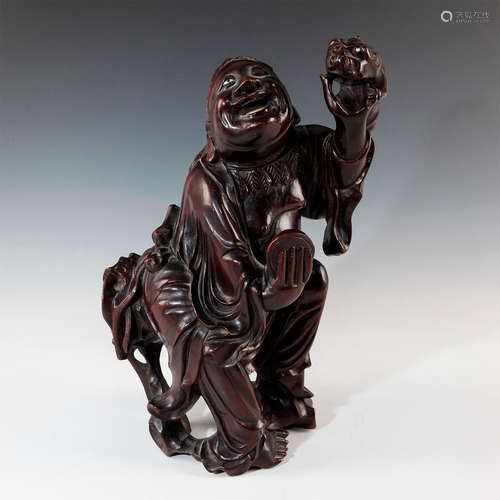 CHINESE CARVED WOOD, BONE AND PORCELAIN MONK & DRAGON