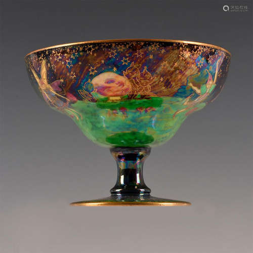 WEDGWOOD FAIRYLAND LUSTRE PURPLE AND GREEN FOOTED BOWL