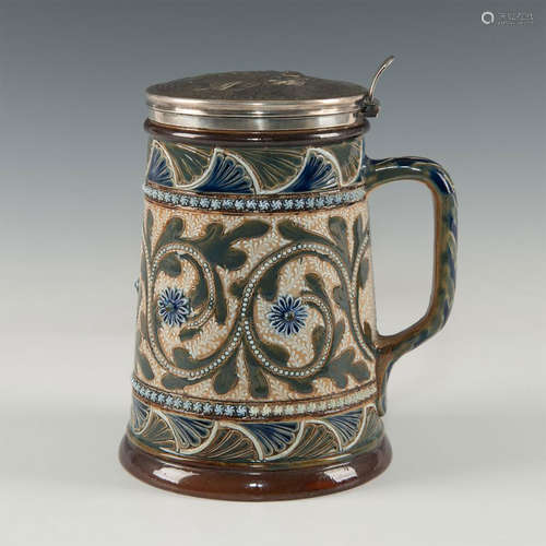 DOULTON LAMBETH STONEWARE TANKARD WITH SILVER LID