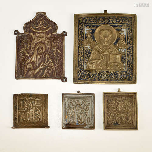 GROUP OF FIVE RUSSIAN BRONZE RELIGIOUS ICONS