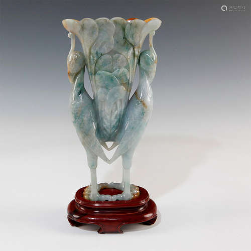 CARVED JADE VASE BIRDS ON FOOTED WOODEN BASE