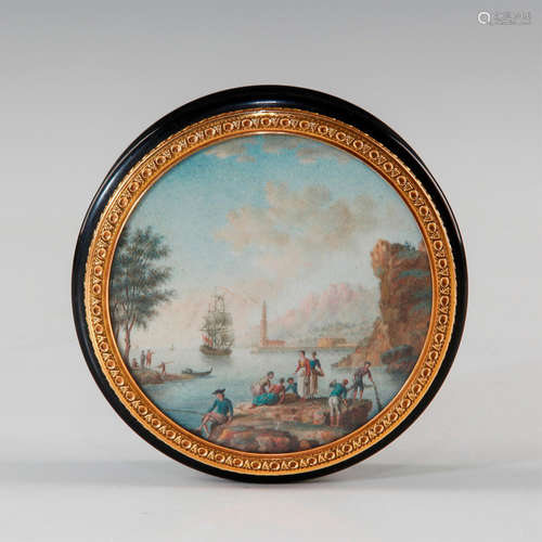 18TH CENTURY CAREY BOX WITH GOLD TRIM, PAINTED SCENE