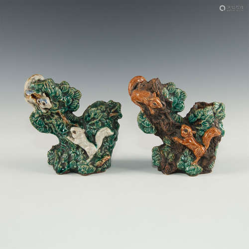 PAIR OF MAJOLICA GLAZED PORCELAIN CANDLE HOLDERS