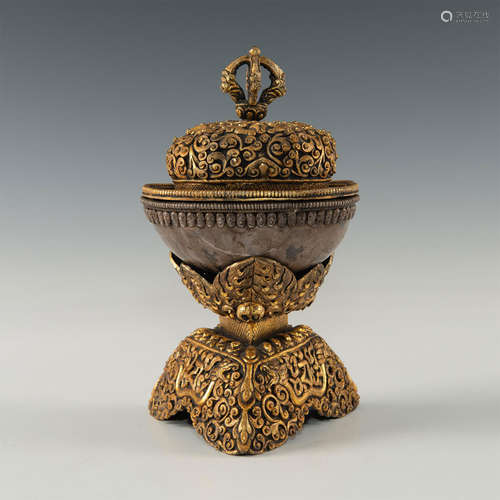 GILT SILVER CHINESE TIBETAN BUDDHIST KAPALA