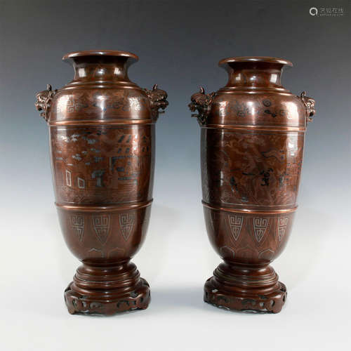 PAIR OF LARGE CHINESE SILVER INLAY METAL WORKS BRONZE VASES