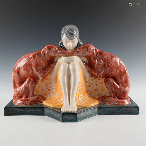 ARMAND GODARD ART DECO FIGURE GIRL WITH TWO BORZOI