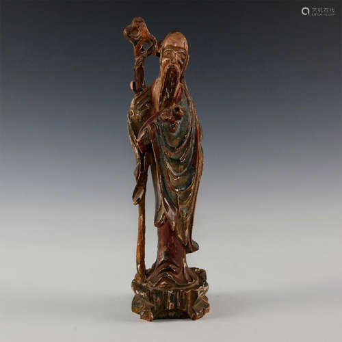 CHINESE CARVED WOODEN POLYCHROME FIGURE LOHAN 18TH CENTURY