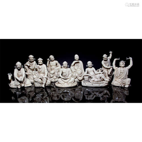 CHINESE GLAZED PORCELAIN SET OF 9 BLANC DE CHINE IMMORTALS